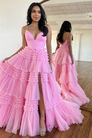 Pretty A Line Spaghetti Straps Long Tulle Prom Dress With Split