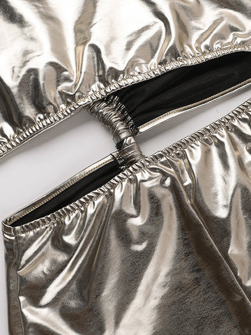 Skinny Sleeveless Asymmetric Pleated Shiny Split-Back Split-Joint One-Shoulder Evening Dresses Maxi Dresses