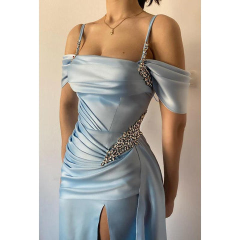 Vestido de noche largo de satén fruncido con lentejuelas y escote en forma de A, sin mangas y escote en forma de corazón