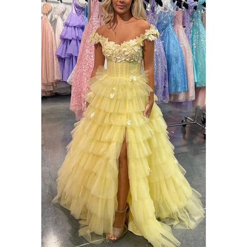 Vestido de noche de fiesta de graduación con escote en A de tul, hombros descubiertos, apliques escalonados y abertura lateral 