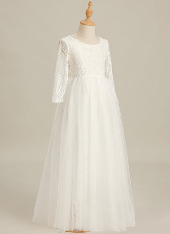 Angelic White Lace A-Line Long Sleeve Tulle Flower Girl Dress