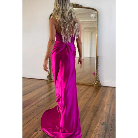 Vestido de fiesta de graduación con escote en V, sin mangas, fruncido, estilo tubo/columna, halter, abertura lateral