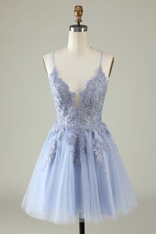 A Line Spaghetti Straps Tulle Short Homecoming Dress with Appliques