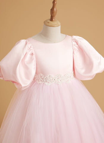A-line Satin Tulle Short Sleeves Flower Girl Dress