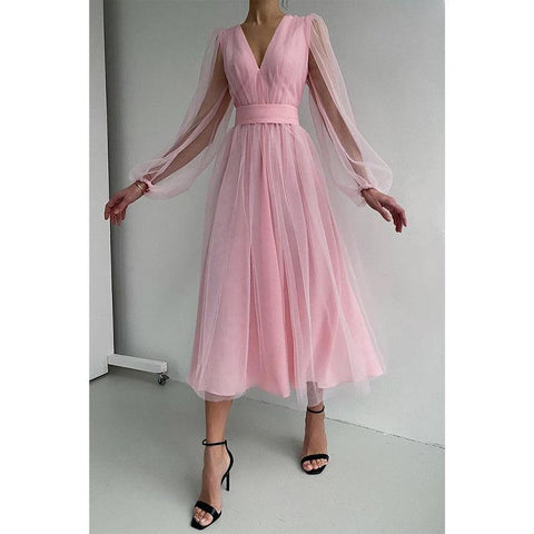 Vestido largo sexy de manga larga con cuello en V para cumpleaños 