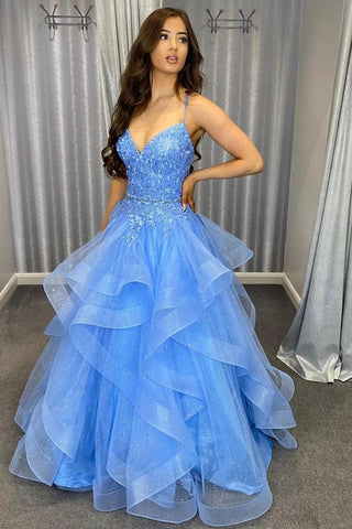 A Line Spaghetti Straps Blue Long Prom Dress with Appliques