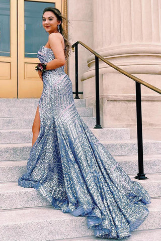 Robe de bal longue bustier à sequins bleu ciel