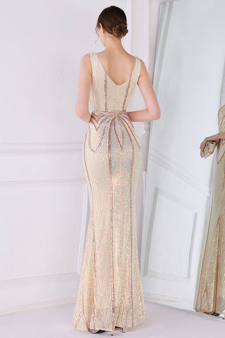 Apricot Golden Deep V Neck Prom Dress