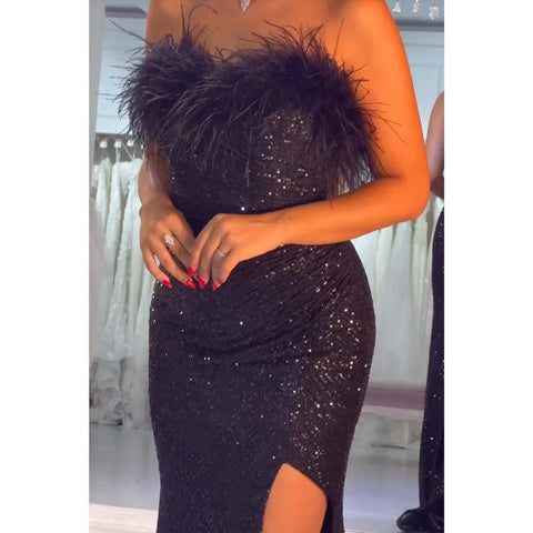 Robe de bal longue bustier scintillante à plumes et robes de soirée fendues 