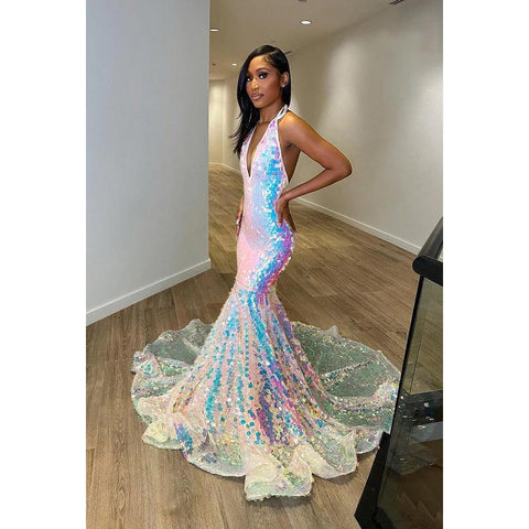 Vestido formal de noche de graduación con escote en V, sin mangas, espalda descubierta y lentejuelas, corte trompeta/sirena