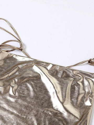 Metallic Coated Deep Neck Backless Evening Dress