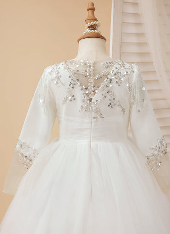 A-line Satin Tulle Court Train White First Communion Flower Girl Dress