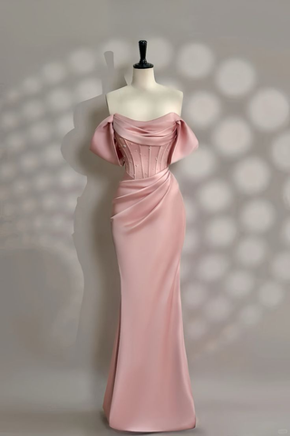 Precioso vestido de noche rosa sirena con perlas y hombros descubiertos, modelo Y7604