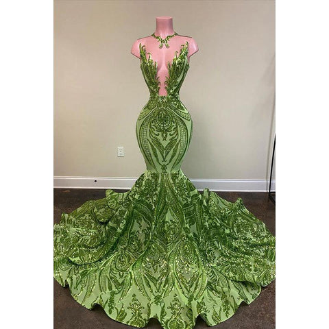 Vestido formal de noche de graduación con apliques de lentejuelas y encaje con escote en V y corte trompeta/sirena