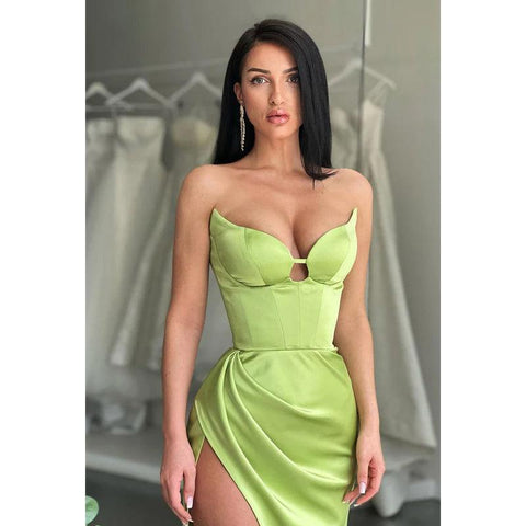 Vestido de noche largo de satén sin tirantes con escote en V y abertura para graduación