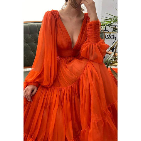 Vestido de noche formal de tul naranja, sexy, con escote en V profundo y mangas largas, corte A 