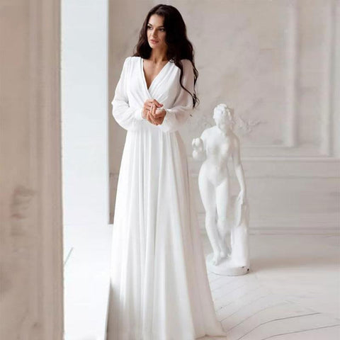 A Line Chiffon Wedding Dresses White Dresses Womens vestidos boda playa vestidos de boda Elopment Full Sleeve Simple