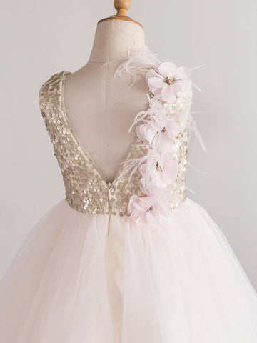 A-line Tulle Tea-length Pearl Pink Dress (010226992)