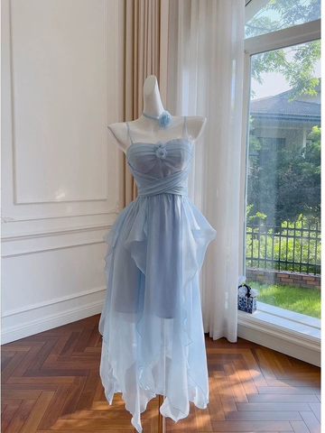 Elegante vestido de fiesta de cumpleaños con tirantes finos de gasa azul Y7573