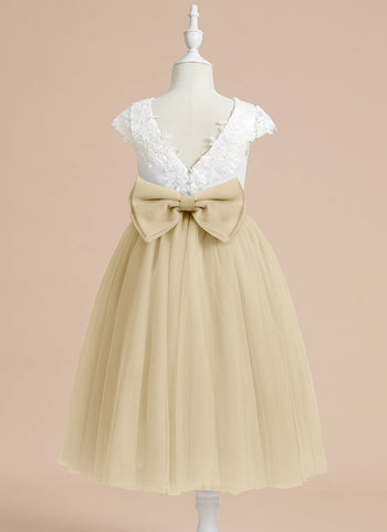A-line Satin Tulle Tea-length First Communion Flower Girl Dress