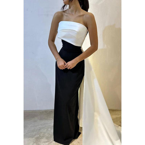 Vestido de fiesta formal elegante, moderno, sin mangas, con hombros descubiertos y corte columna