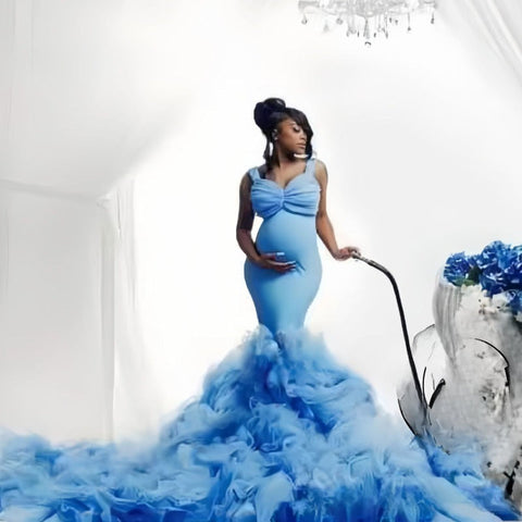 New soft net waist fishtail elastic swing pregnant women's big belly photo dress