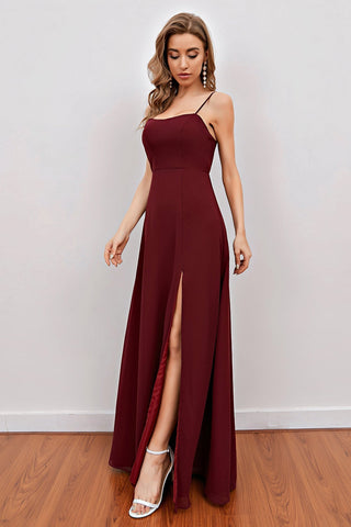Burgundy Spaghetti Straps Long Bridesmaid Dress with Split