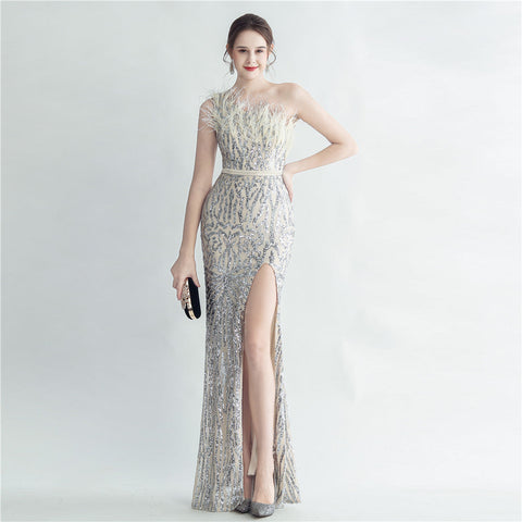 Heavy Industry Ostrich Hair Craft Bundle Hair Evening Dress with Oblique Shoulder Slit