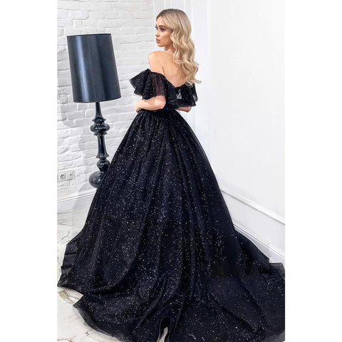 Robe de bal noire scintillante à épaules dénudées unique 