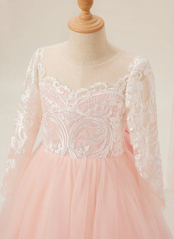 A-line Long Sleeves Lace Tulle Flower Girl Dresses Pink (2003227575)