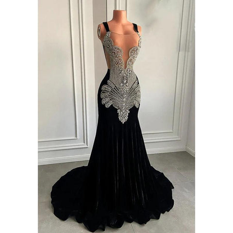 Vestido de fiesta de noche con escote en V, tirantes finos, volantes y pedrería, corte sirena/trompeta