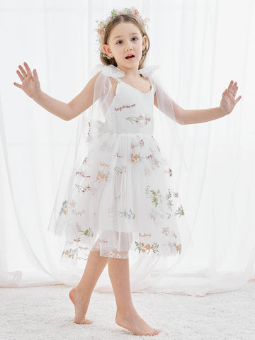 A-Line Sleeveless Floral Embroidered Tulle Toddler Flower Girl Dress