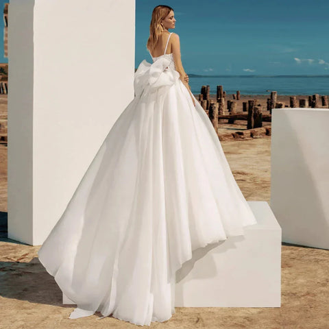 A-Line Bohemian Wedding Dresses Women's Sweetheart Spaghetti Strap Backless Vestido De Beaded Shiny Back Bowknot Robe De Mariee