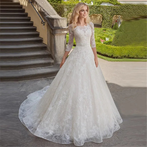 A-Line Luxury Wedding Gowns Lace Applique 3/4 Sleeve Wedding Party Bridal Dresses Vestidos Baratos Con Envio Gratis Robe De