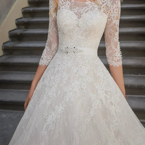 A-Line Luxury Wedding Gowns Lace Applique 3/4 Sleeve Wedding Party Bridal Dresses Vestidos Baratos Con Envio Gratis Robe De