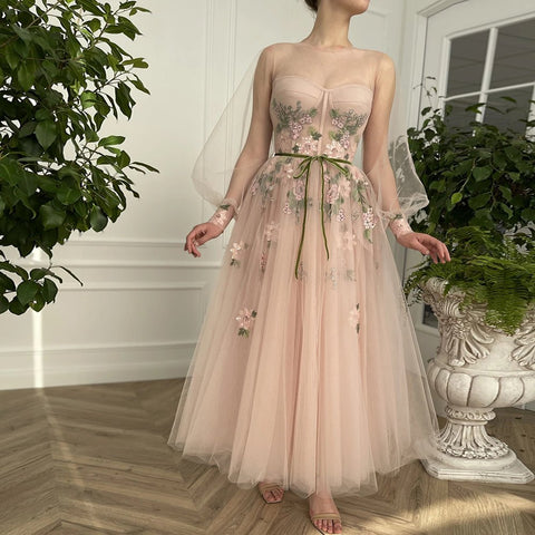 A Line Scoop Long Sleeve Tulle Prom Dress with Floral Embroidery