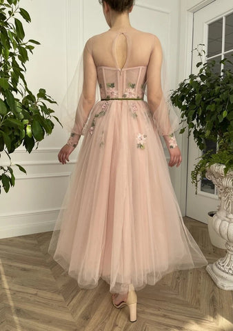 A Line Scoop Long Sleeve Tulle Prom Dress with Floral Embroidery