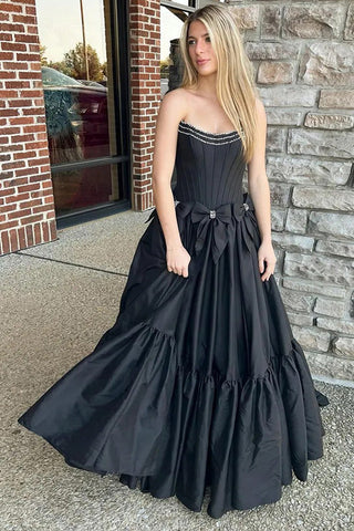 A-Line Beaded Strapless Corset Black Prom Dress with Bows