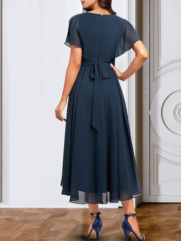 A-Line/Princess Chiffon V Neck Short Sleeves  Mother of the Bride Dresses with Belt