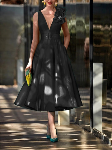 A-Line/Princess V Neck Sleeveless Tea-Length Mother of the Bride Dresses with Belt Ruffles Applique