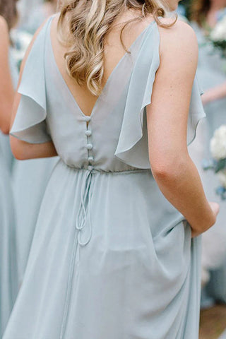 A-Line Floor Length Light Blue Long Bridesmaid Dress With Ruffles BD116