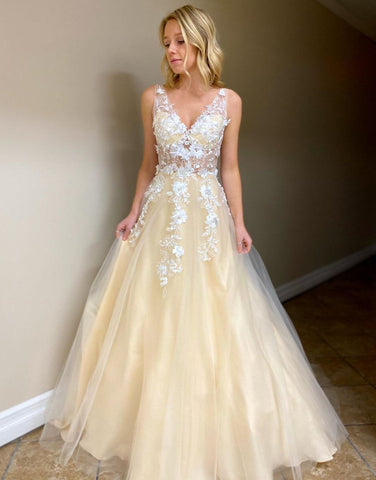 A -Line Floor Length Prom Evening Dress With Appliques