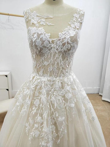 A-line Floral Applique Beach Wedding Dresses Backless Wedding Gown  WD467