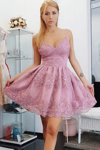 A-Line Lace Spaghetti Straps Short Homecoming Dresses, Graduation Dress
