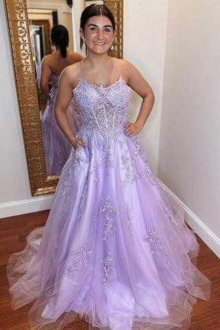 A-Line Lavender Tulle Applique Lace Up Back  Prom Evening Dress
