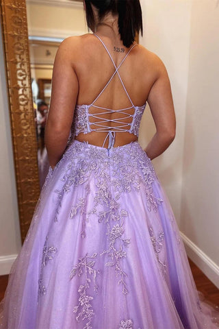 A-Line Lavender Tulle Applique Lace Up Back  Prom Evening Dress