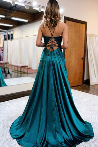 A-Line Long Satin Dark Green Prom Evening Dress with Split