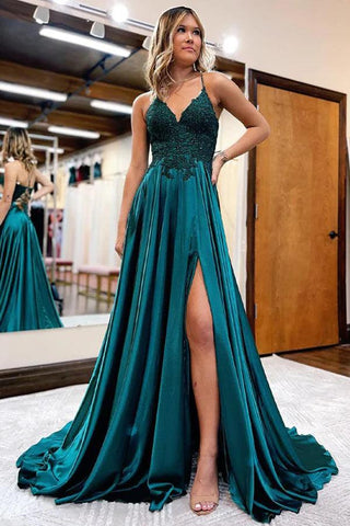 A-Line Long Satin Dark Green Prom Evening Dress with Split