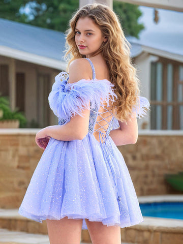 Robes de bal de fin d'année en tulle à épaules dénudées, ornées de perles et de plumes, coupe trapèze