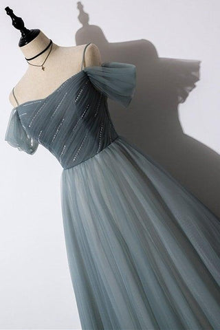 A-Line Off The Shoulder Grey Tulle Prom Dress Evening Dress